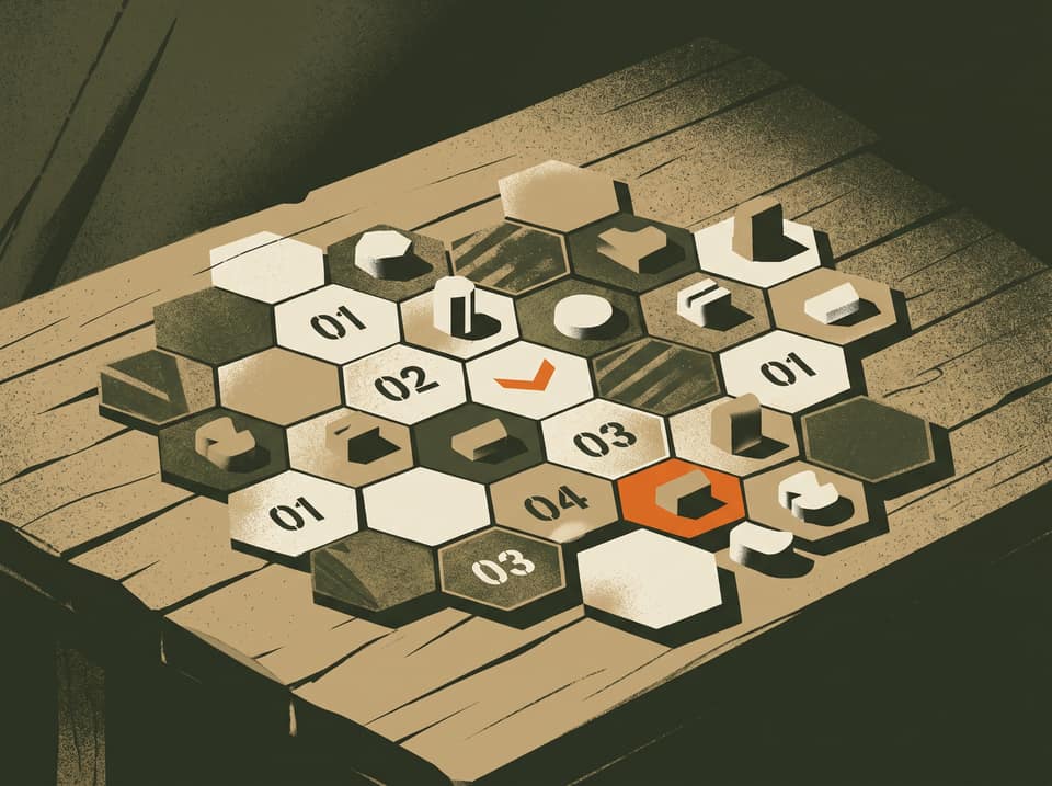 Wooden hex-tile board game mid-play with tan and bone pieces on a camp table.