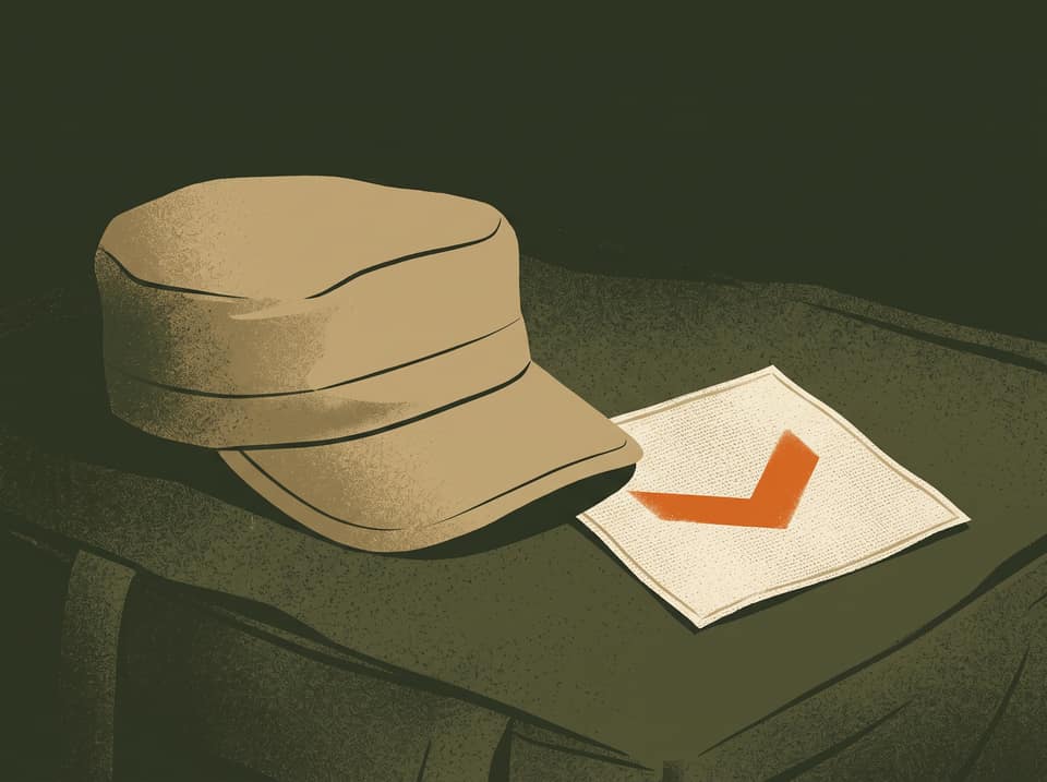 Coyote-tan field cap and a woven patch with an orange chevron on canvas.