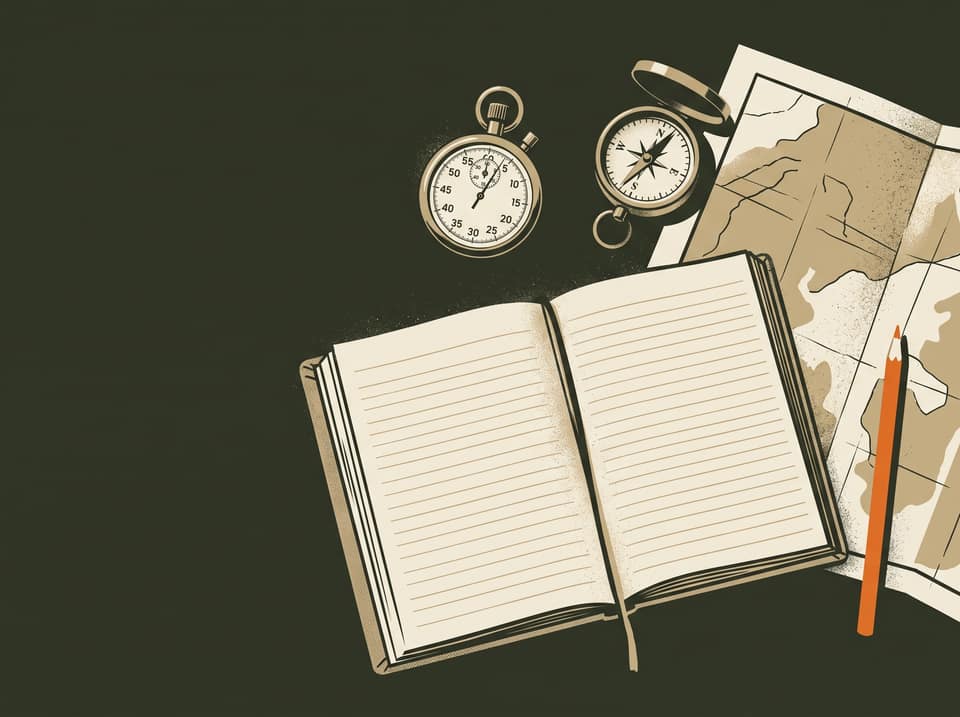Field desk seen from above: an open trading journal, a mechanical stopwatch, a brass compass, a folded map and an orange grease pencil on olive canvas.