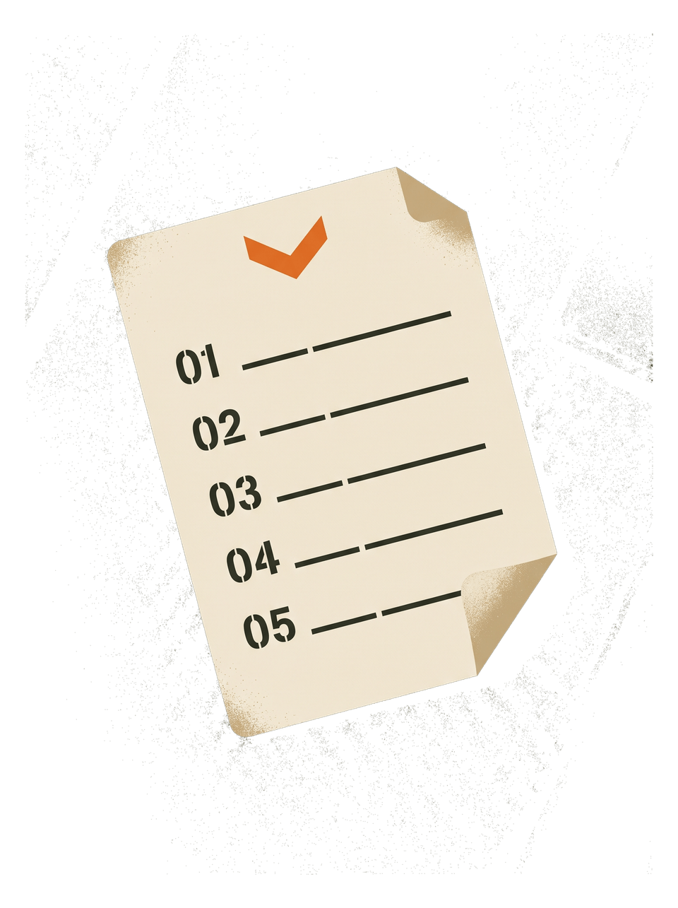 Printed rules card with five numbered stencil lines and an orange chevron, one corner lifted.