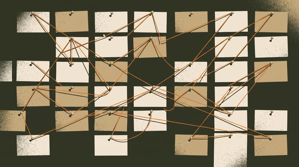Wall of pinned index cards connected with orange thread