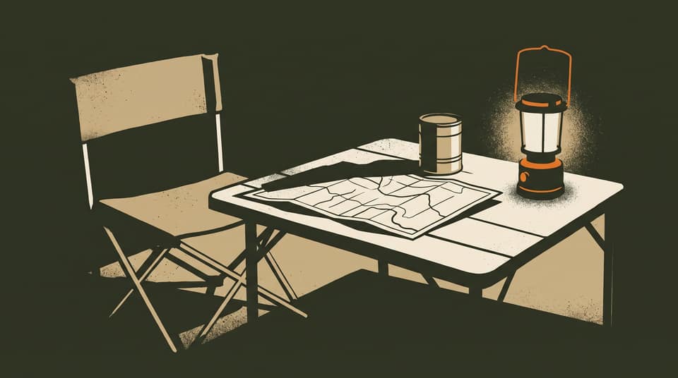 Folding table with a map, a coffee tin and a battery lantern at dawn