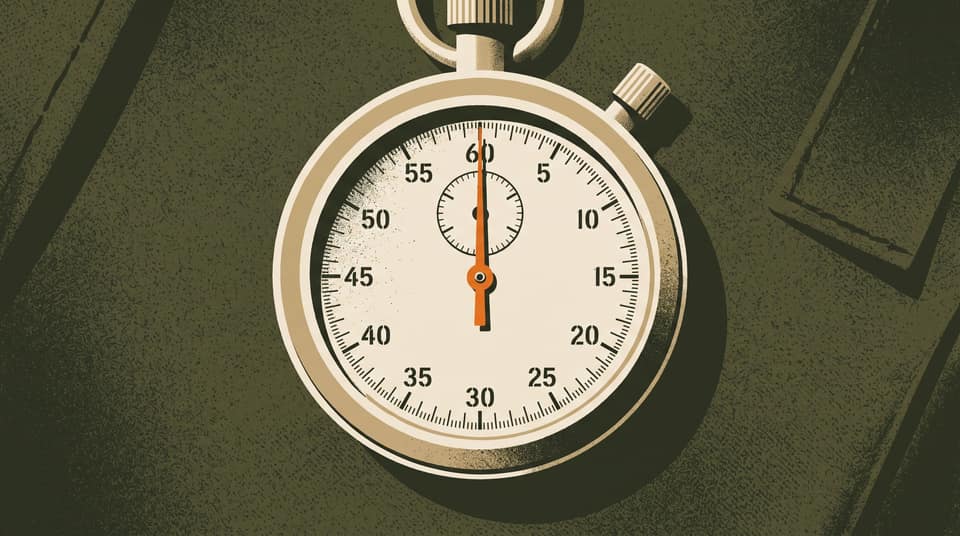 Stopwatch face at sixty seconds with an orange second hand