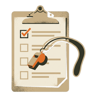 Clipboard with a ticked box and a whistle on a lanyard